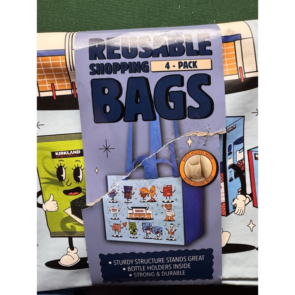 4 bags Costco Figures Print Reusable Shopping Bags Blue NWT 20 W x 14 H x 11 D